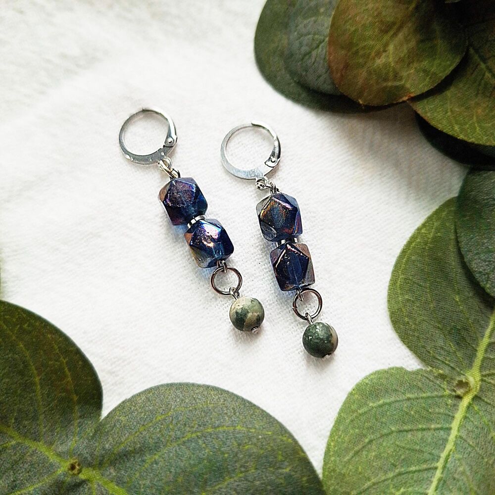 Glass & Jasper Beaded Earrings, Grunge Glam Earrings, Dainty Celestial Inspired